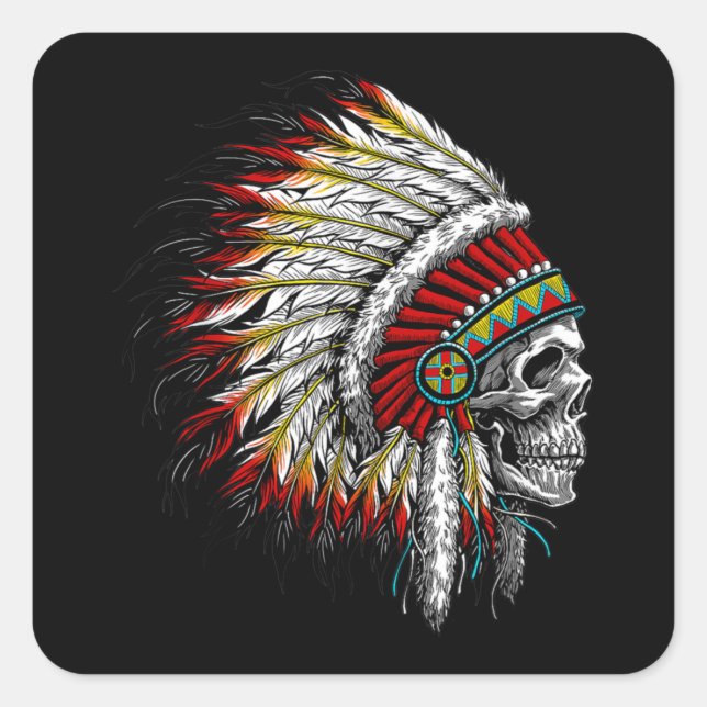 Native American Indian Chief Skull Motorcycle Square Sticker (Front)