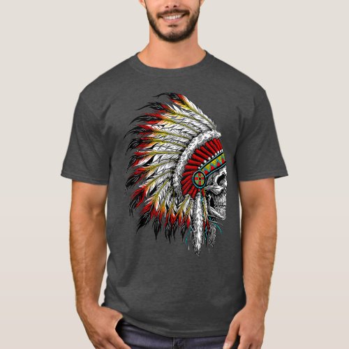Native American Indian Chief Skull Motorcycle T_Shirt