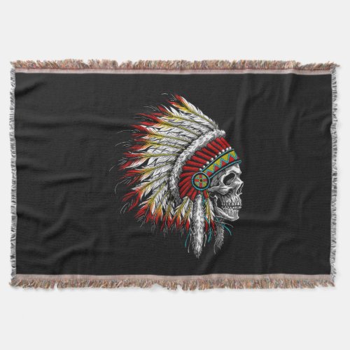 Native American Indian Chief Skull Motorcycle Throw Blanket