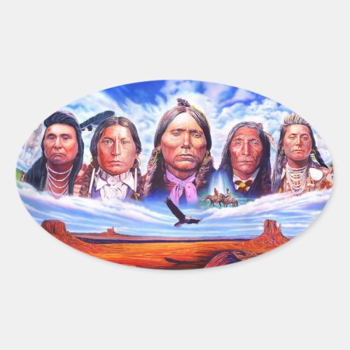 Native American Indian Chiefs Illustration Artwork Oval Sticker
