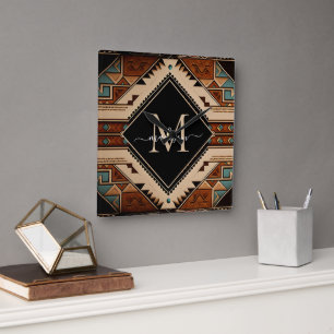 Native American Indian Culture Boho Style Monogram Square Wall Clock