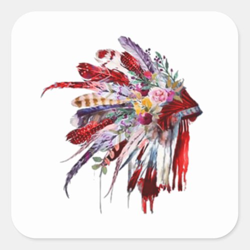 Native american indian flowers featehrs silhoutte square sticker