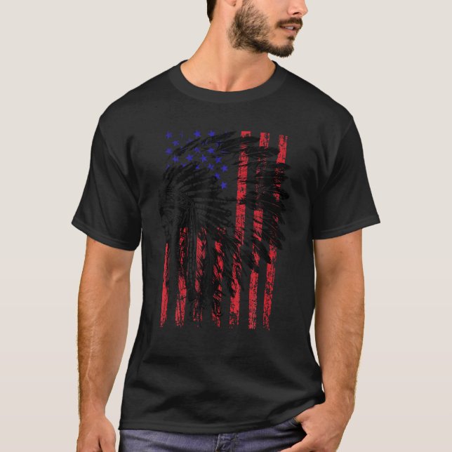 Native American Indian Headdress American Flag 4th T-Shirt (Front)