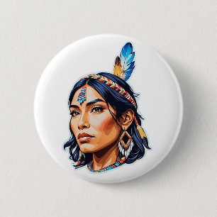 Native American Indian Lady Button