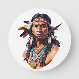 Native American Indian Man Round Clock
