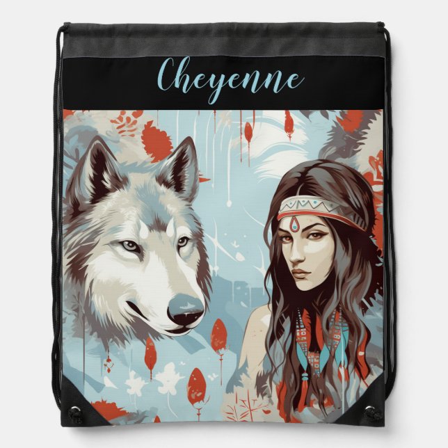 Native American - Indian Princess and Wolf Drawstring Bag (Front)