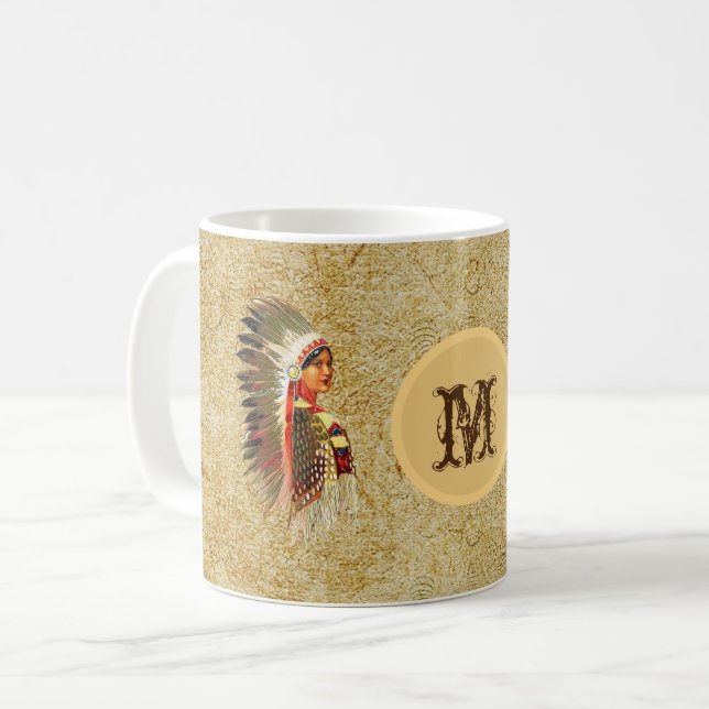 Native American Indian Princess. Monogrammed Coffee Mug (Front Left)