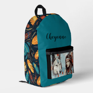 Native American - Indian Princess, Wolf, Feathers Printed Backpack