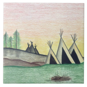Native American Indian Teepee Folk Art Ceramic Tile