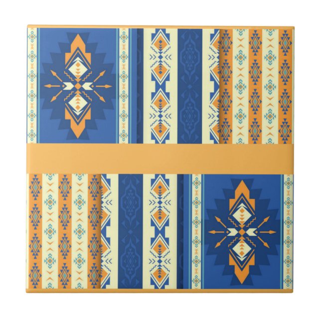 Native American Indian Tribal Blue Yellow Ceramic Tile (Front)