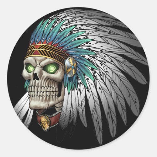 Native American Indian Tribal Gothic Skull Classic Round Sticker