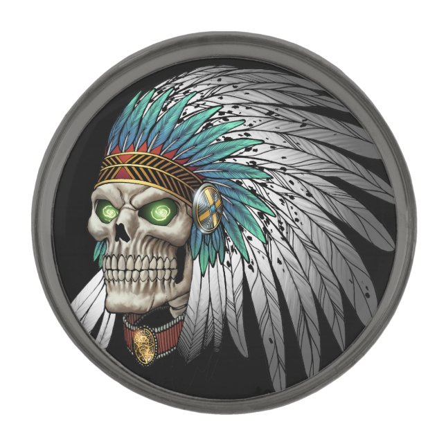 Native American Indian Tribal Gothic Skull Gunmetal Finish Lapel Pin (Front)