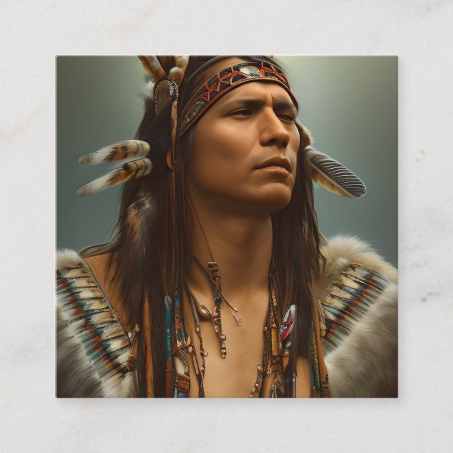 Native American Indian Warrior Graphic Square Business Card (Front)