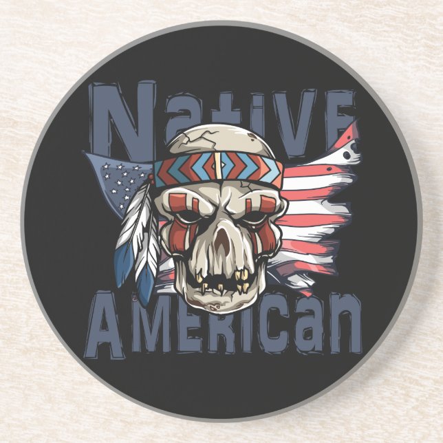 Native American Indian Warrior Skull USA Flag Coaster (Front)