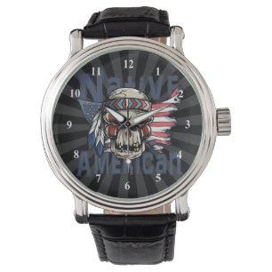 Native American Indian Warrior Skull USA Flag Watch