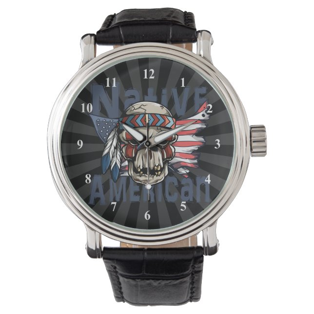 Native American Indian Warrior Skull USA Flag Watch (Front)