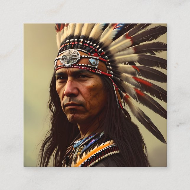 Native American Indian Warrior Square Business Card (Front)