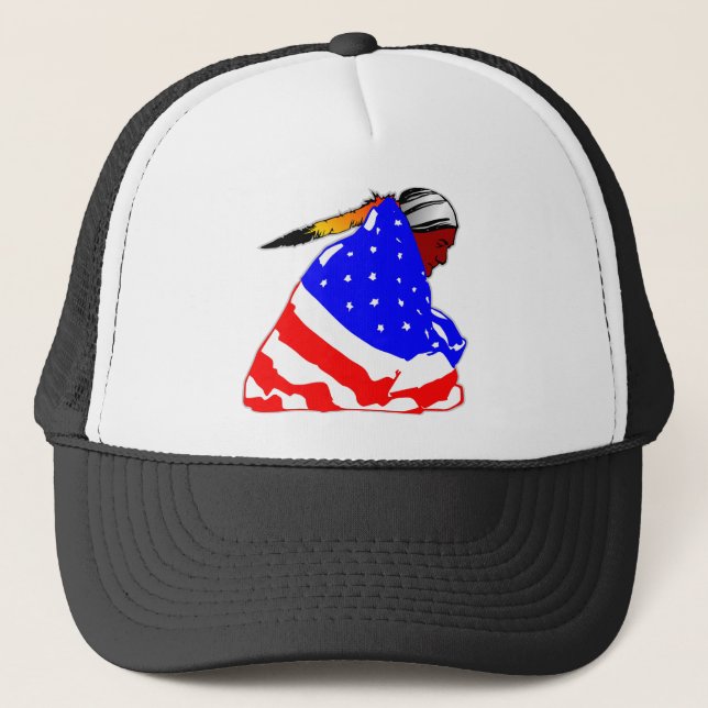 Native American Indian Wrapped In USA Flag Trucker Hat (Front)