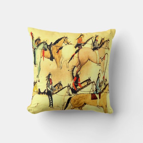 Native American Indians Horses Western Art Vintage Throw Pillow