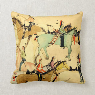 Native American Indians Horses Western Art Vintage Throw Pillow