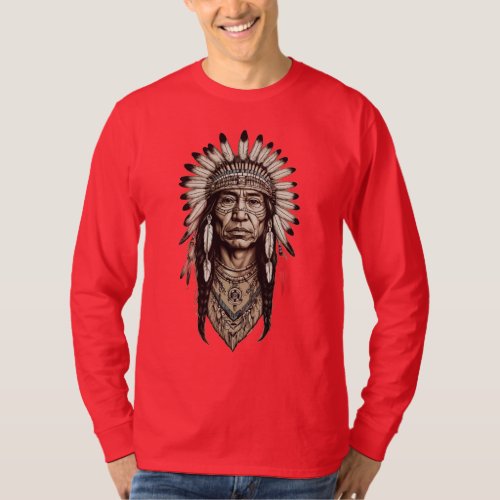 Native American Ink Linework Style T_Shirt Design