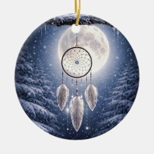 Native American Inspired Dreamcatcher Moon Winter Ceramic Ornament