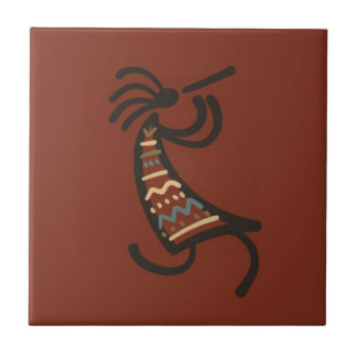 Native American Kokepelli Dancer Dark Red Ceramic Tile