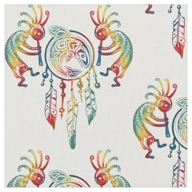 Native American Kokopelli Whale Dreamcatcher 1 Fabric (Close Up)