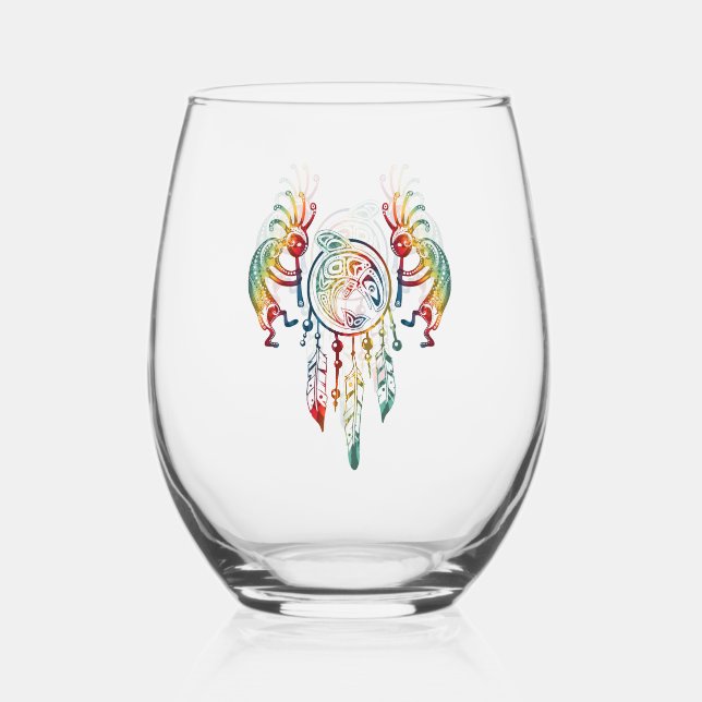 Native American Kokopelli Whale Dreamcatcher 1 Stemless Wine Glass (Front)