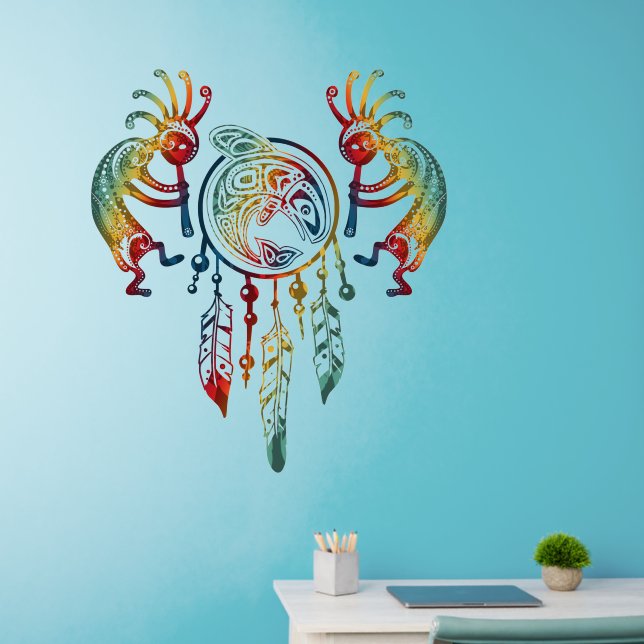 Native American Kokopelli Whale Dreamcatcher 1 Wall Decal (Home Office)