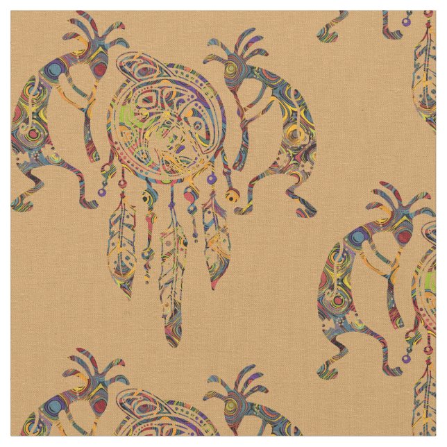 Native American Kokopelli Whale Dreamcatcher 2 Fabric (Close Up)