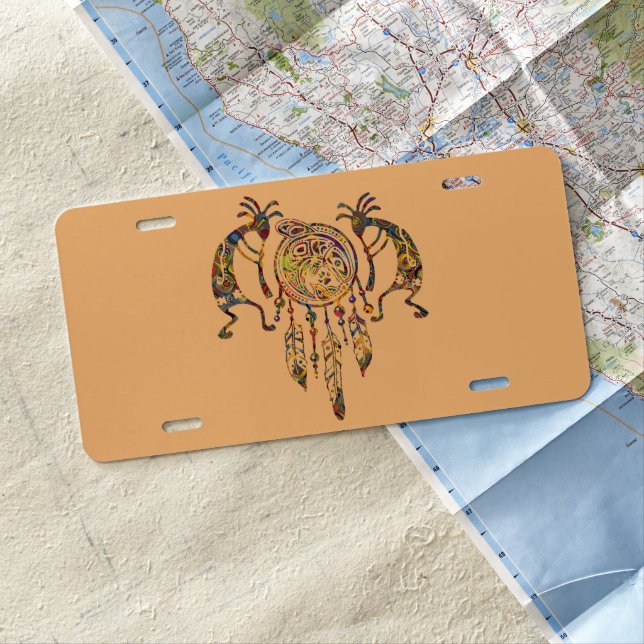 Native American Kokopelli Whale Dreamcatcher 2 License Plate (In Situ)