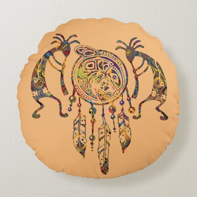 Native American Kokopelli Whale Dreamcatcher 2 Round Pillow (Front)