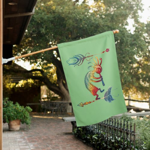 Native American Kokopelli With Two Feathers 1 House Flag