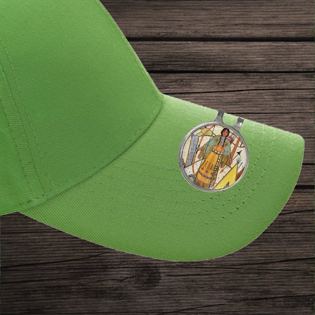 Native American Lady Ornate Fringed Dress Teepees Golf Hat Clip (Native American Woman bow arrow teepee in woods on embroidered look golf hat clip.)