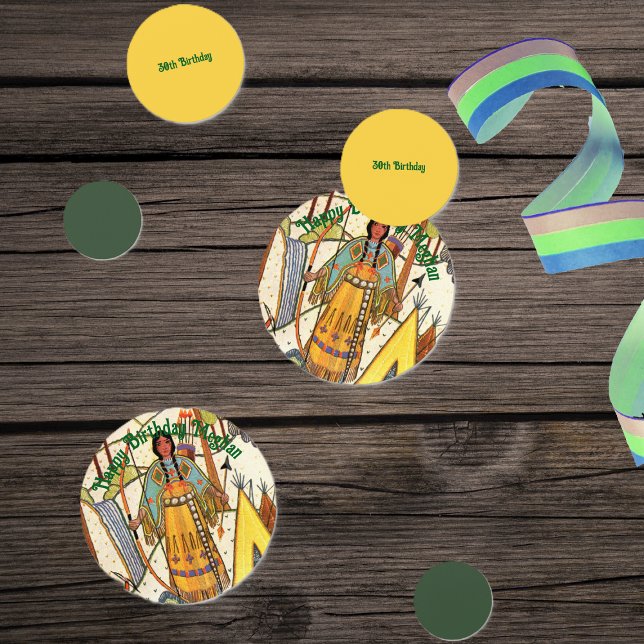 Native American Lady Woods Bow Arrow Embroidery Confetti (Native American lady by teepee in woods embroidery texture green yellow table Birthday confetti.)