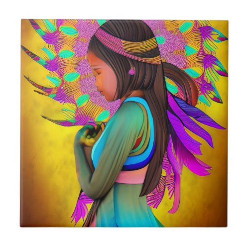 Native American Little Girl AI Art Ceramic Tile