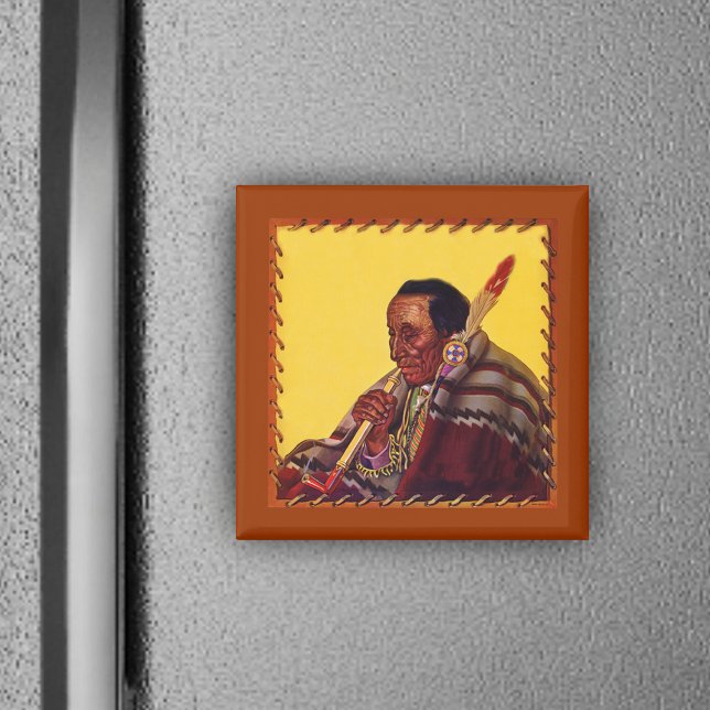 Native American Magnet (Native American sitting with peace pipe on yellow and leather look magnet.)