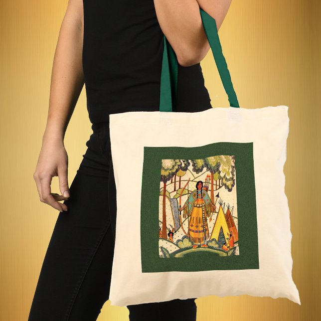 Native American Maiden Bag (Native American women bow arrow teepees under trees with en embroidery look on green tote bag.)