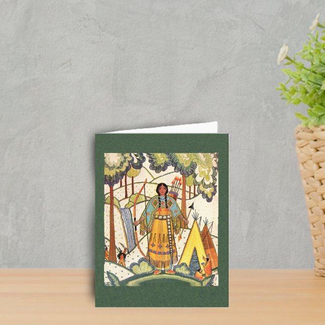 Native American Maiden Note Card (Native american lady in forest teepee faux embroidery look on dark green notecards.)