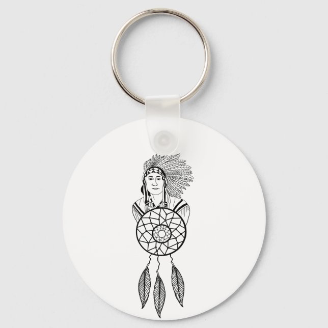 Native American Man Indian Chief Dream catcher art Keychain (Front)