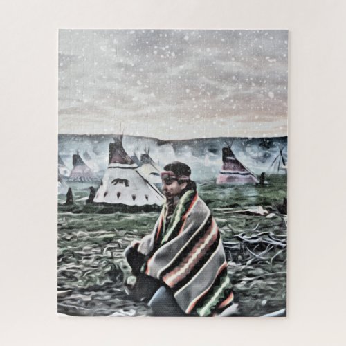 Native American man sitting by the fire Jigsaw Puzzle