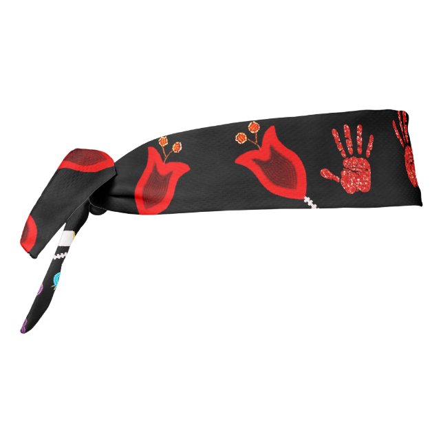 Native American Ojibwe Floral Motif MMIW Black Tie Headband (Rotate 270)