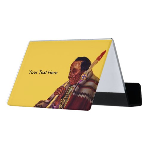 Native American Old Warrior Blanket Peace Pipe Desk Business Card Holder