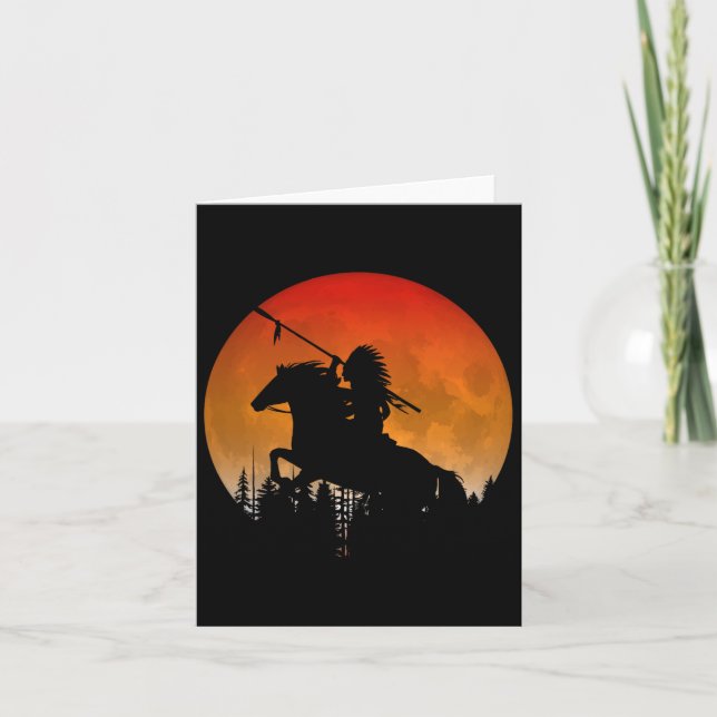 Native American On Horseback Silhouette Of Trees A Card (Front)
