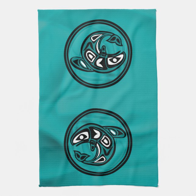 Native American Orca Whale, turquoise Towel (Vertical)