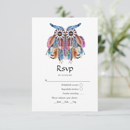 Native American Owl Dream Catcher Wedding RSVP Card