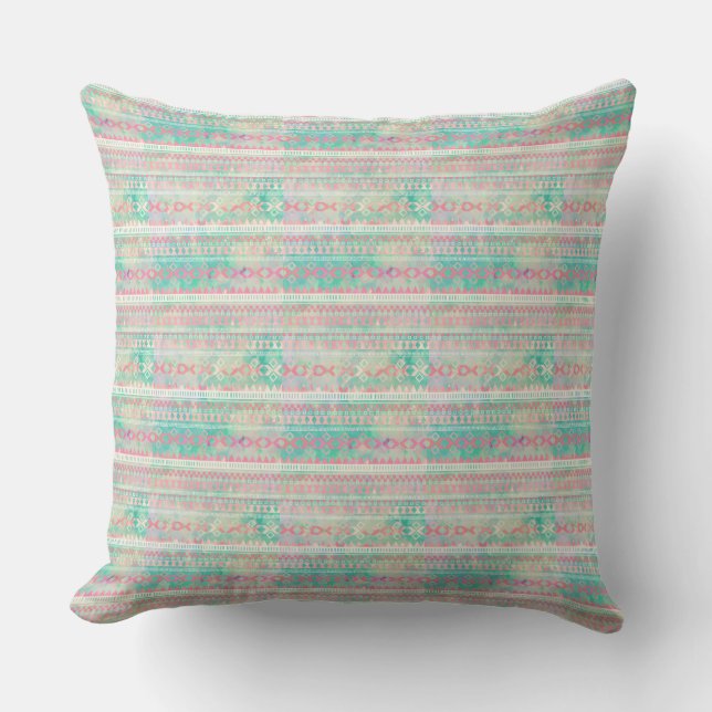 Native American Pattern Throw Pillow/Pink-Green Pillow (Front)