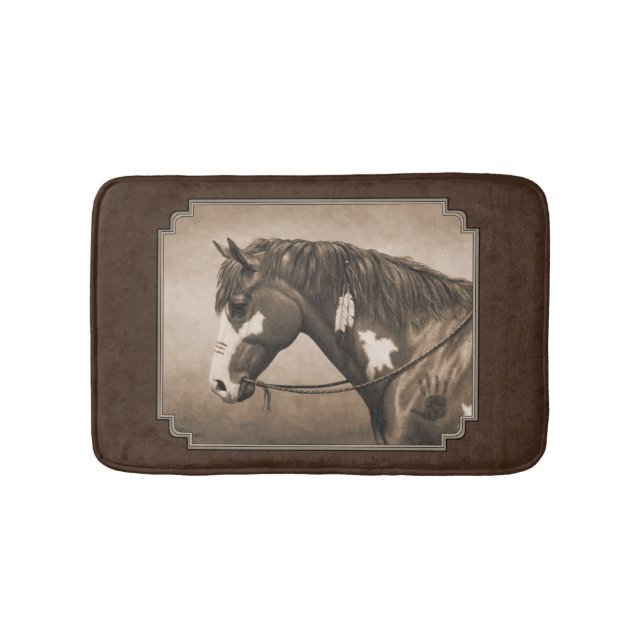 Native American Pinto War Horse in Sepia Bathroom Mat (Front)