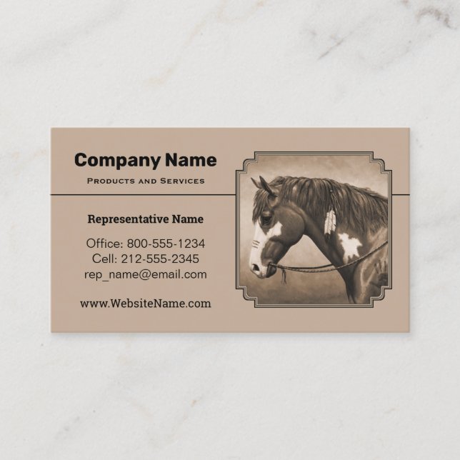 Native American Pinto War Horse in Sepia Business Card (Front)
